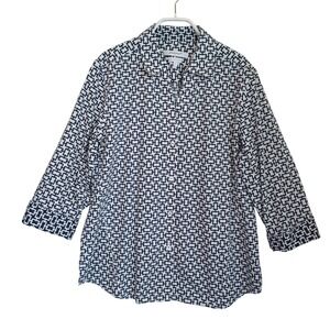 Foxcroft NYC Womens L Black White Geometric Chain Link Non Iron Stretch Shirt